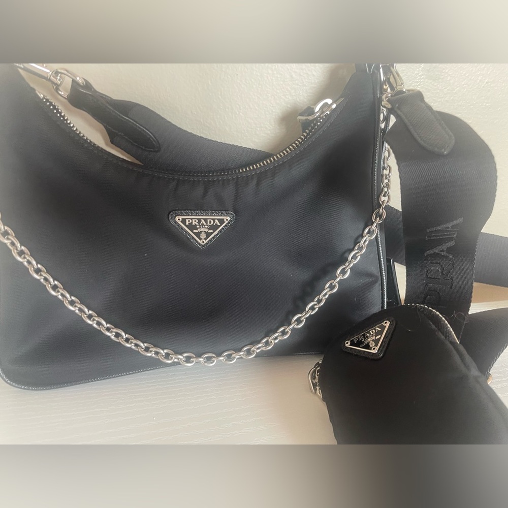 Prada Black Nylon Shoulder Bag with Silver Chain